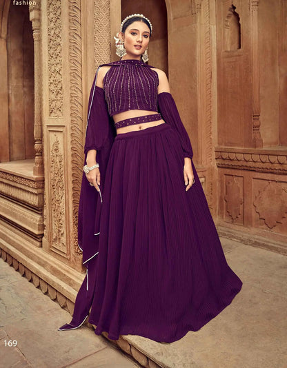 Wine Georgette Lehenga With Hand Work