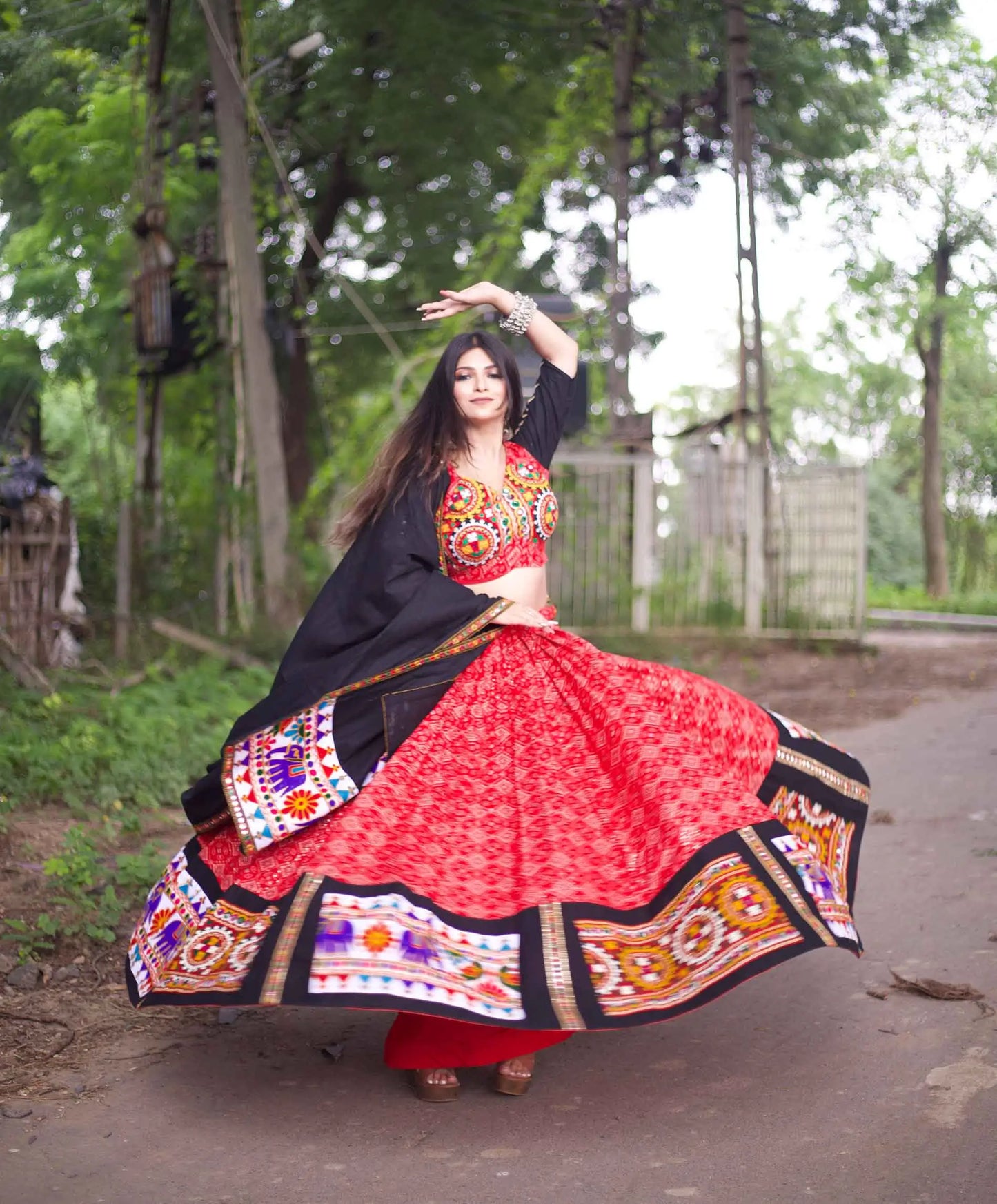 Red And Black Traditional Gamthi Work Navratri Chaniya Choli