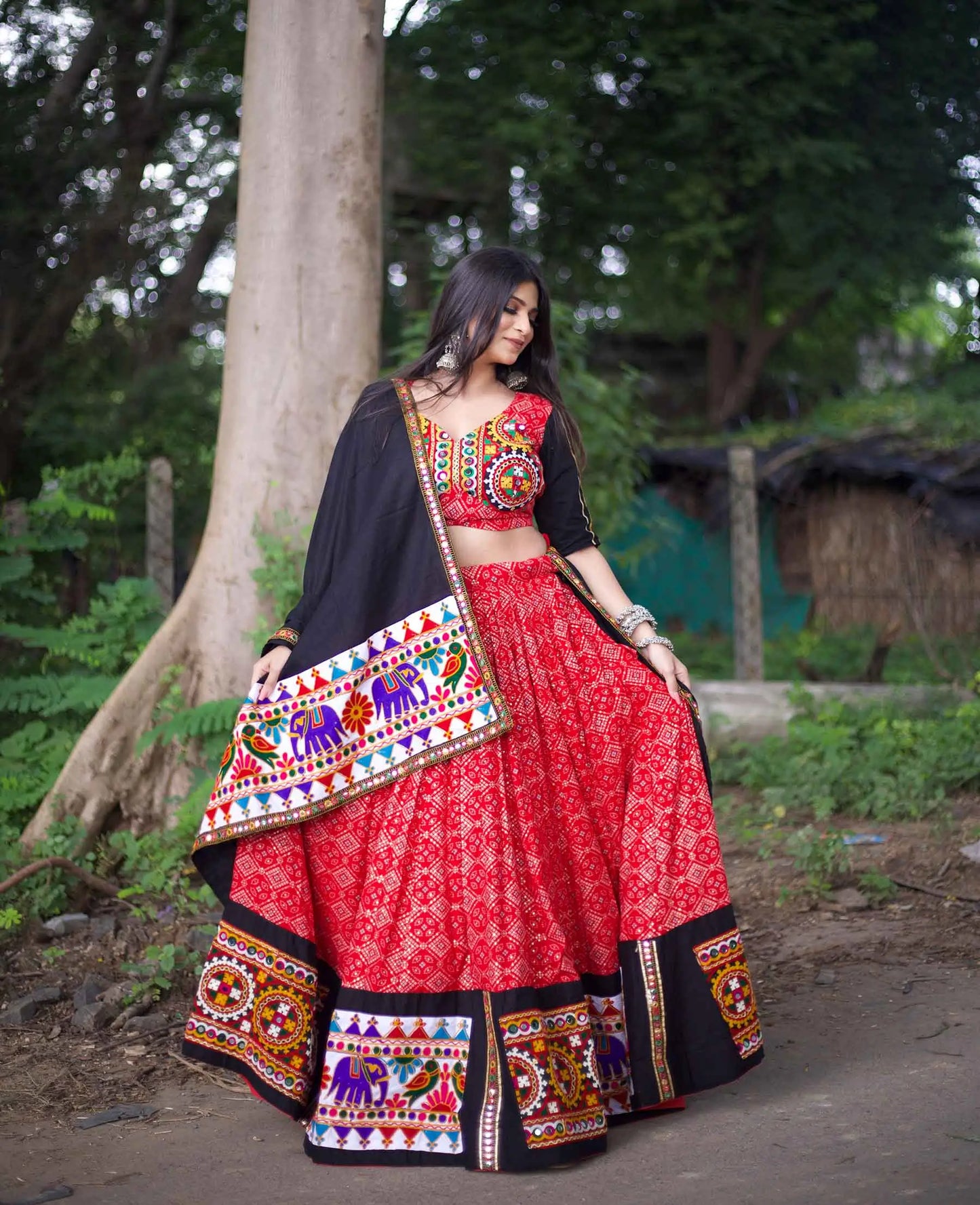Red And Black Traditional Gamthi Work Navratri Chaniya Choli