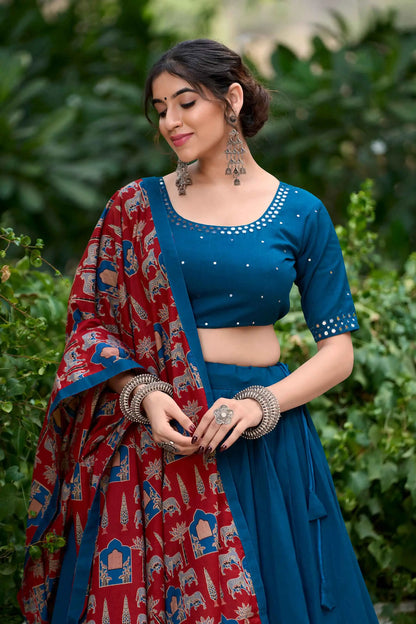 Teal Blue Navratri Lehenga Choli With Mirror Work And Dupatta