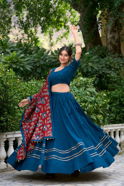 Teal Blue Navratri Lehenga Choli With Mirror Work And Dupatta