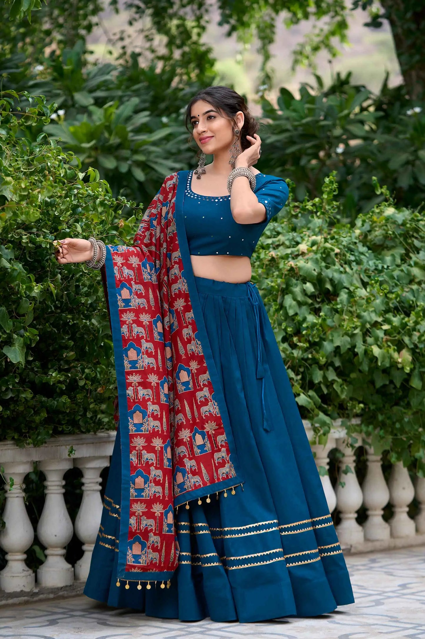 Teal Blue Navratri Lehenga Choli With Mirror Work And Dupatta