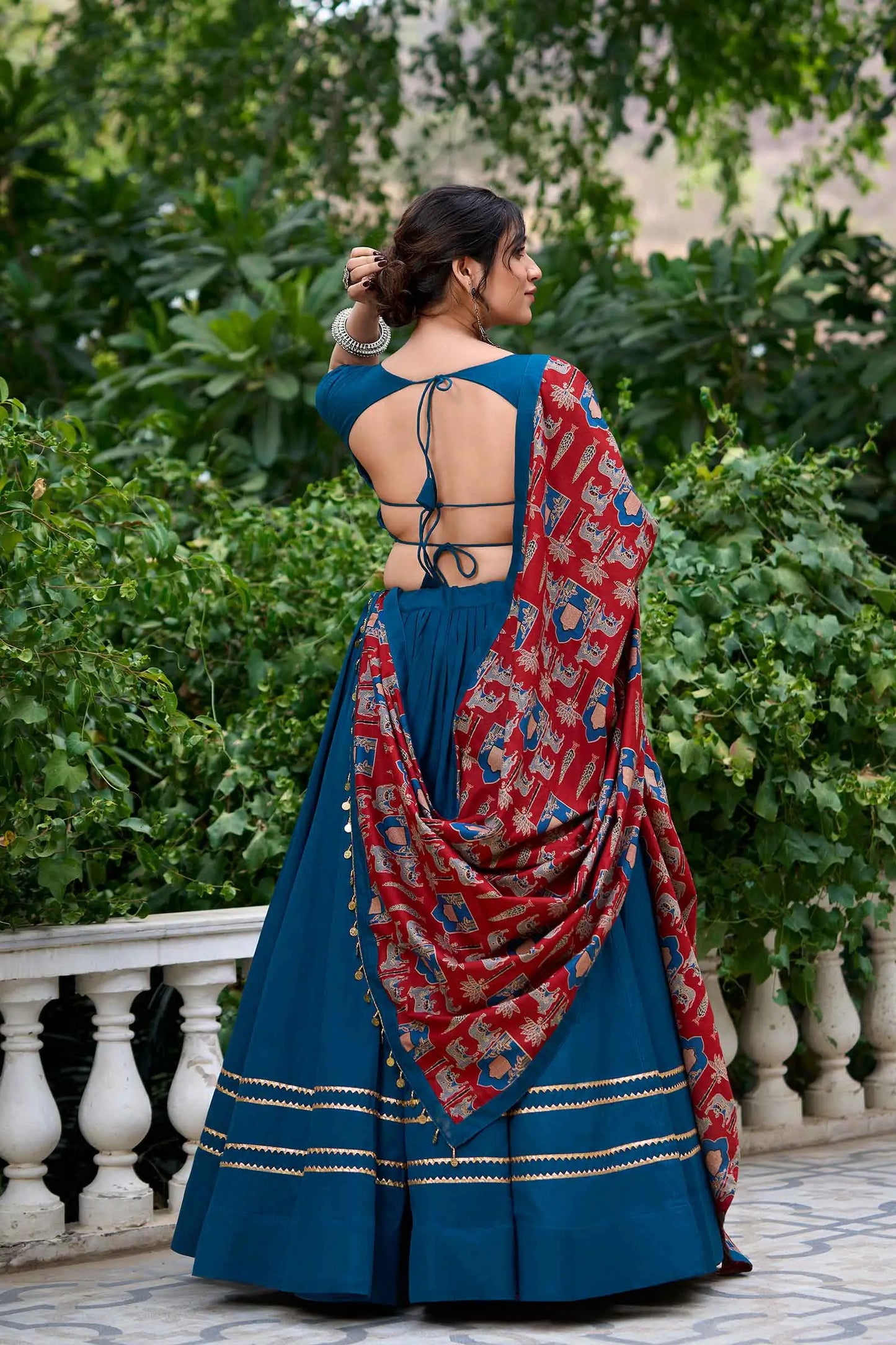 Teal Blue Navratri Lehenga Choli With Mirror Work And Dupatta
