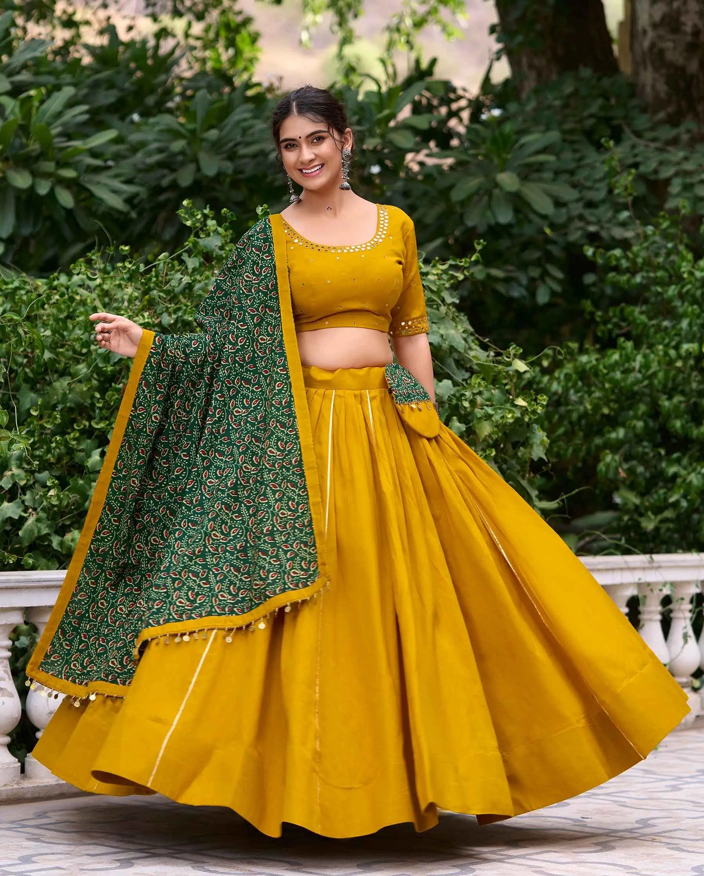 Yellow And Green Mirror Work Navratri Lehenga Choli With Dupatta