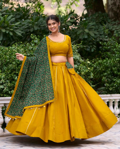 Yellow And Green Mirror Work Navratri Lehenga Choli With Dupatta