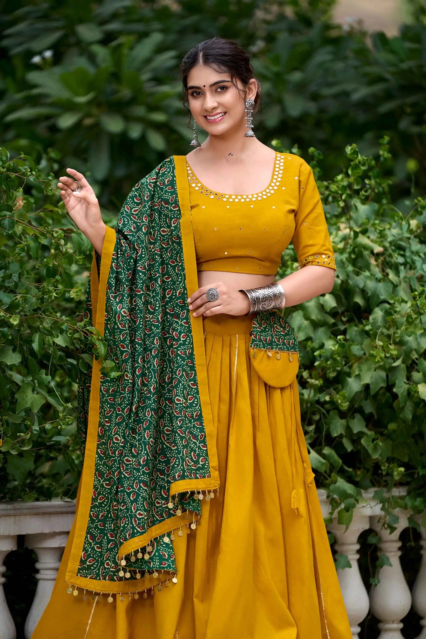 Yellow And Green Mirror Work Navratri Lehenga Choli With Dupatta