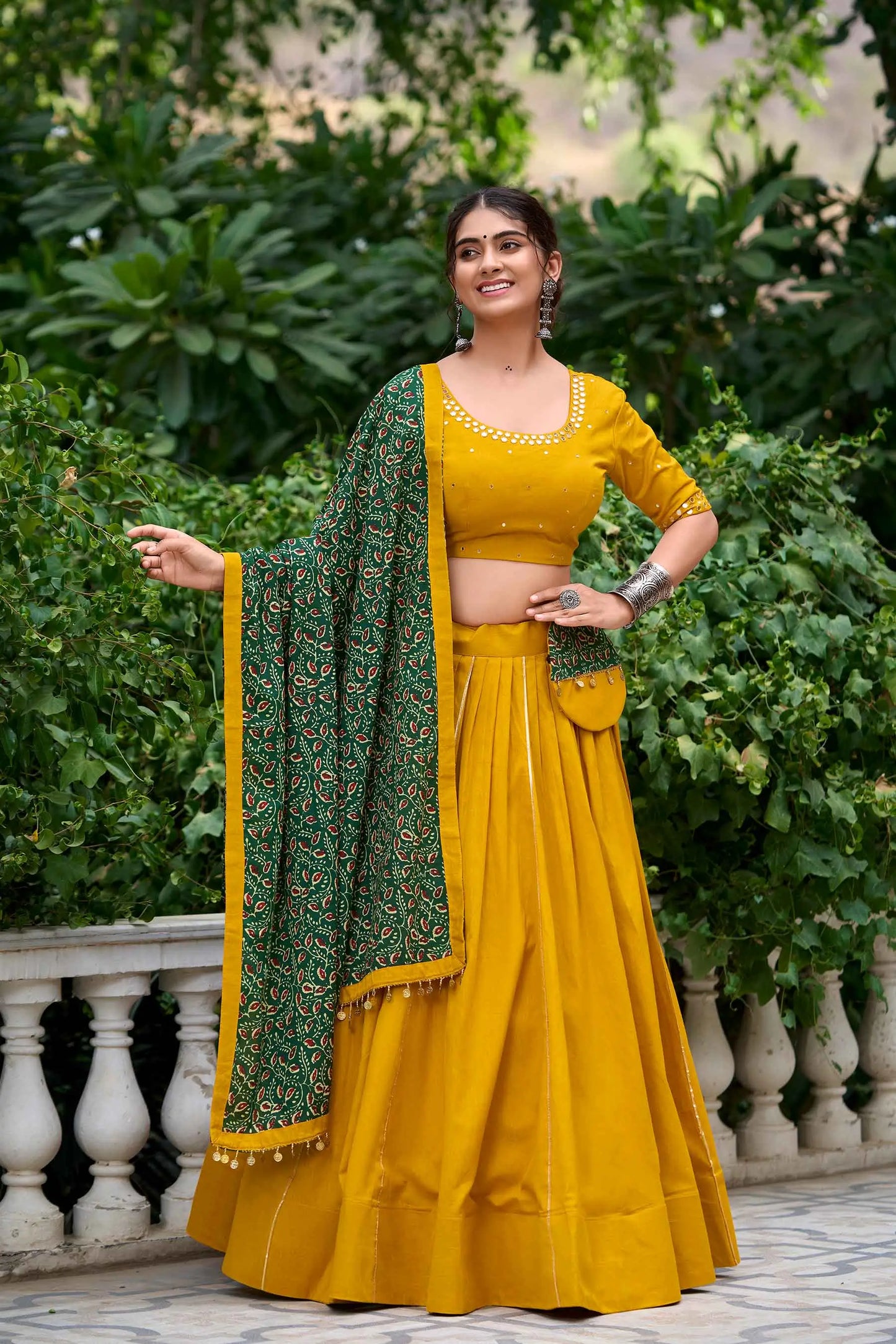 Yellow And Green Mirror Work Navratri Lehenga Choli With Dupatta