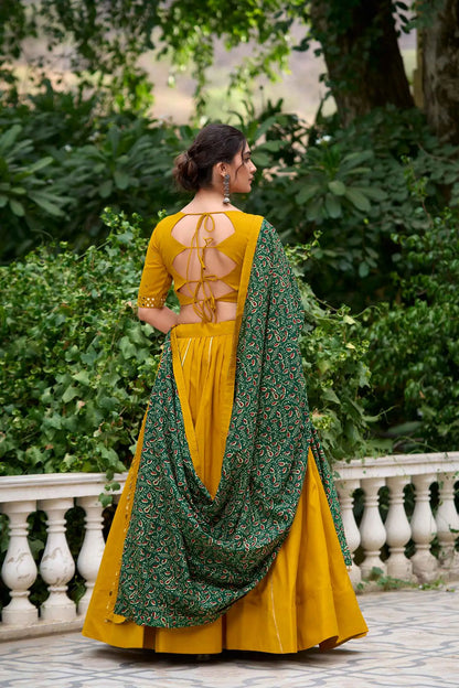 Yellow And Green Mirror Work Navratri Lehenga Choli With Dupatta
