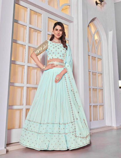 Sky Blue Georgette Thread with Sequence Embroidery Work Lehenga Choli