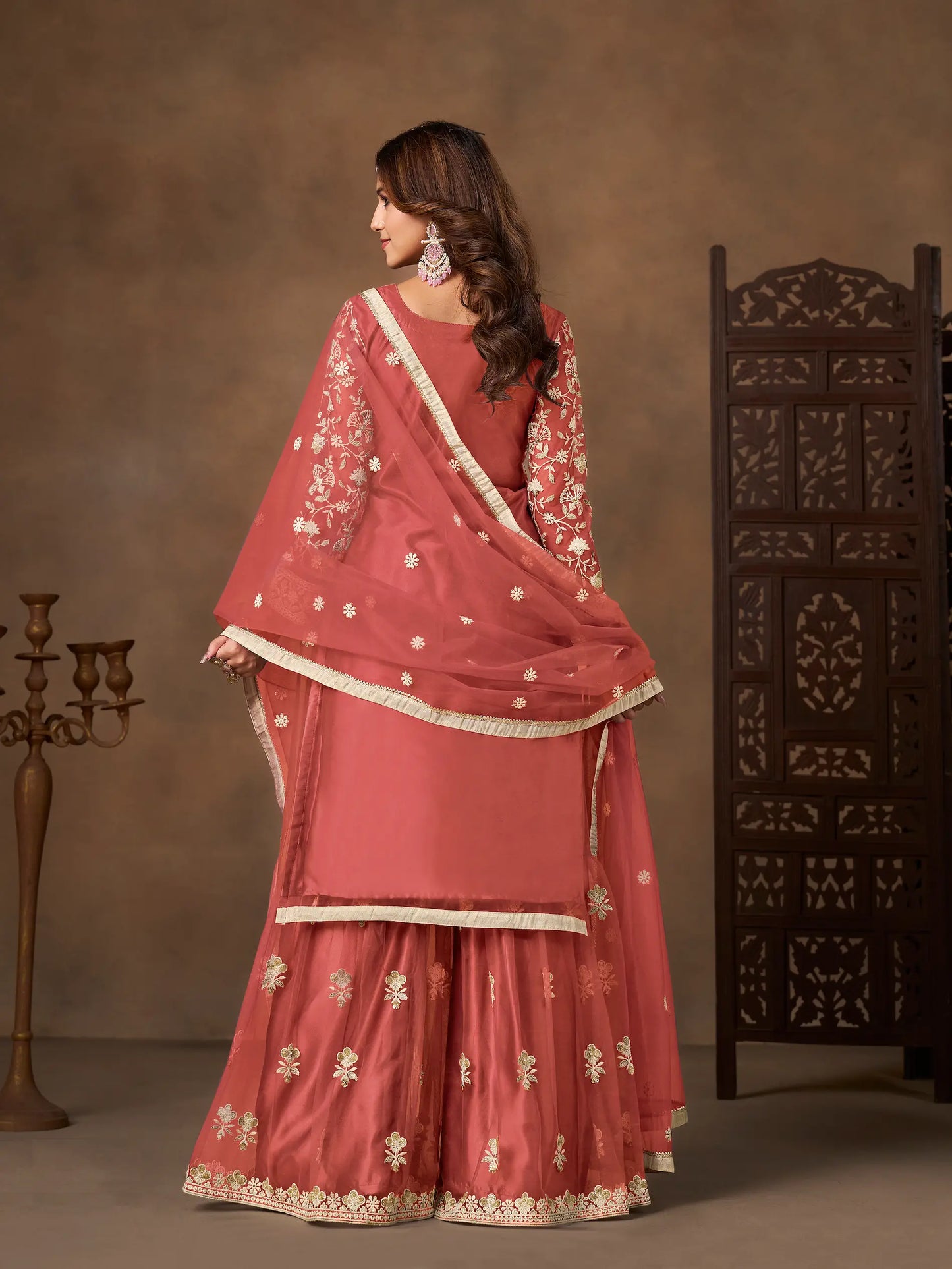 Pastel Red Net Embroidery Palazzo Suit