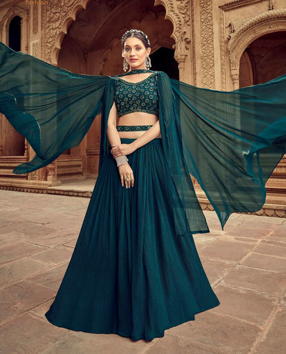 Teal Blue Hand Work Georgette Lehenga With Dupatta