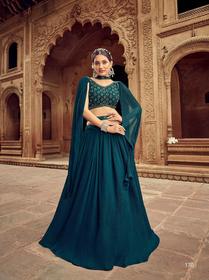 Teal Blue Hand Work Georgette Lehenga With Dupatta