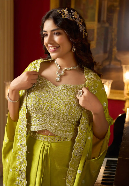 Parrot Green Embroidery Indo Western Set