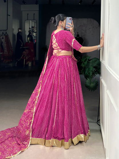 Dark Pink Georgette Lehenga Choli With Bandhej Print With Lace Touch Up
