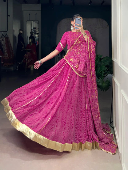 Dark Pink Georgette Lehenga Choli With Bandhej Print With Lace Touch Up
