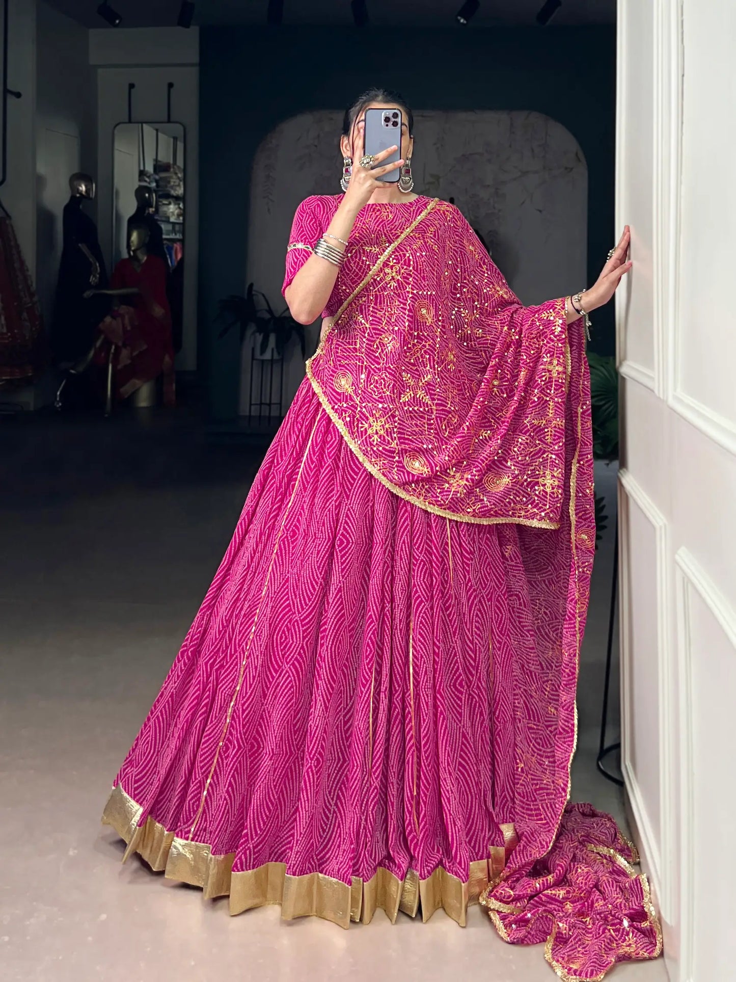 Dark Pink Georgette Lehenga Choli With Bandhej Print With Lace Touch Up