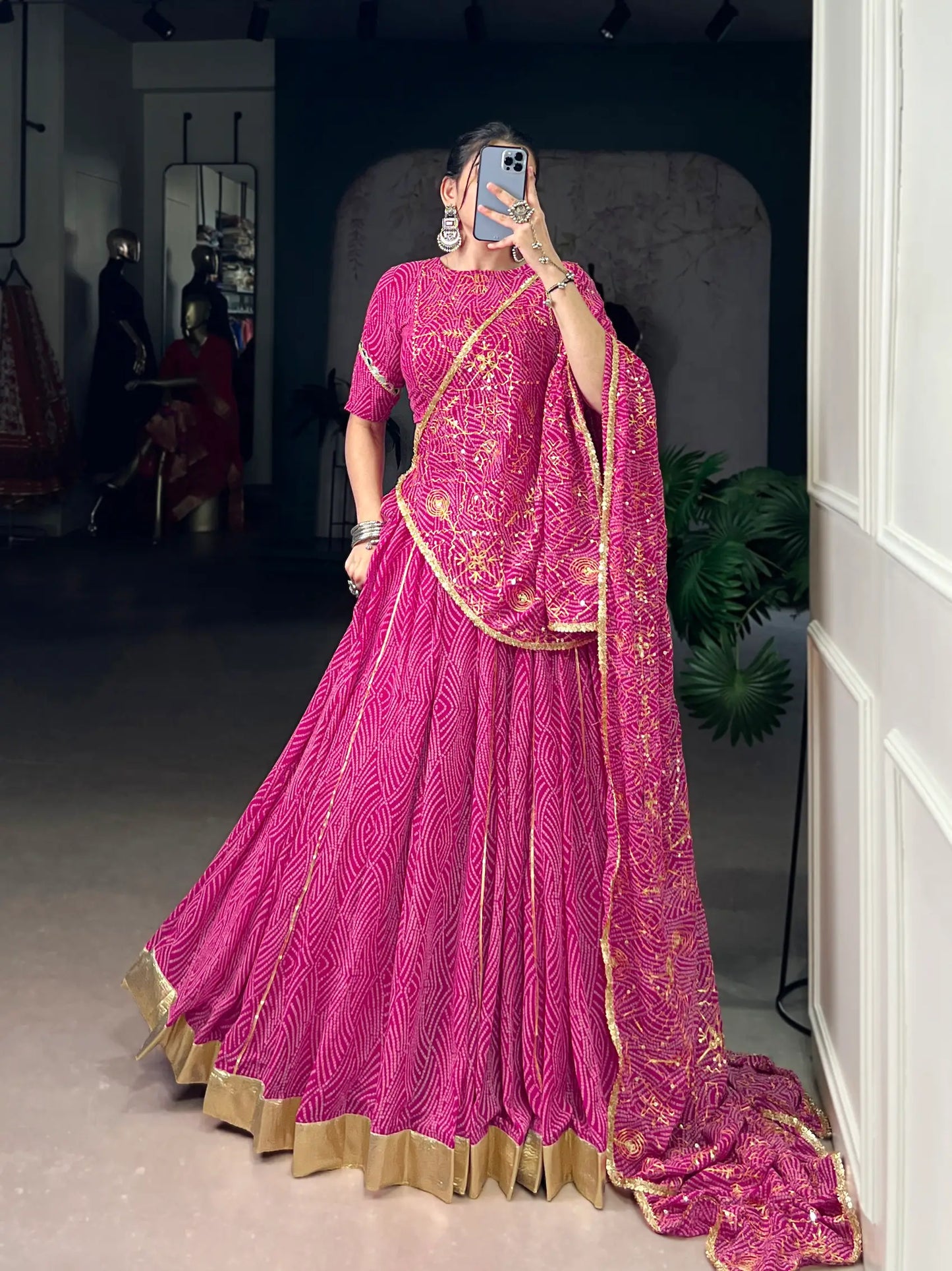 Dark Pink Georgette Lehenga Choli With Bandhej Print With Lace Touch Up