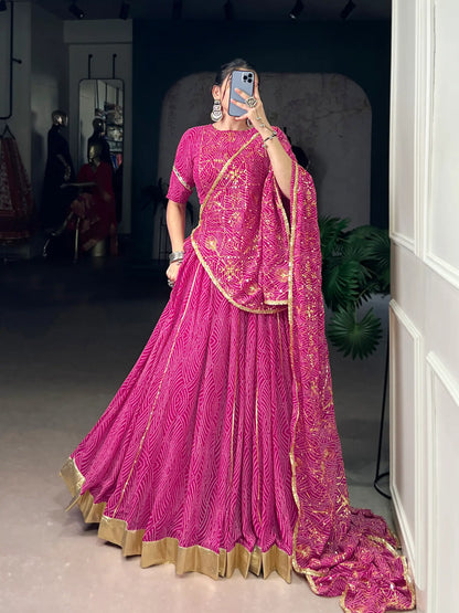 Dark Pink Georgette Lehenga Choli With Bandhej Print With Lace Touch Up