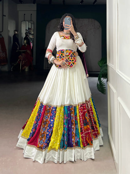 White Multicolor Rayon Gamthi Work Navratri Lehenga Choli