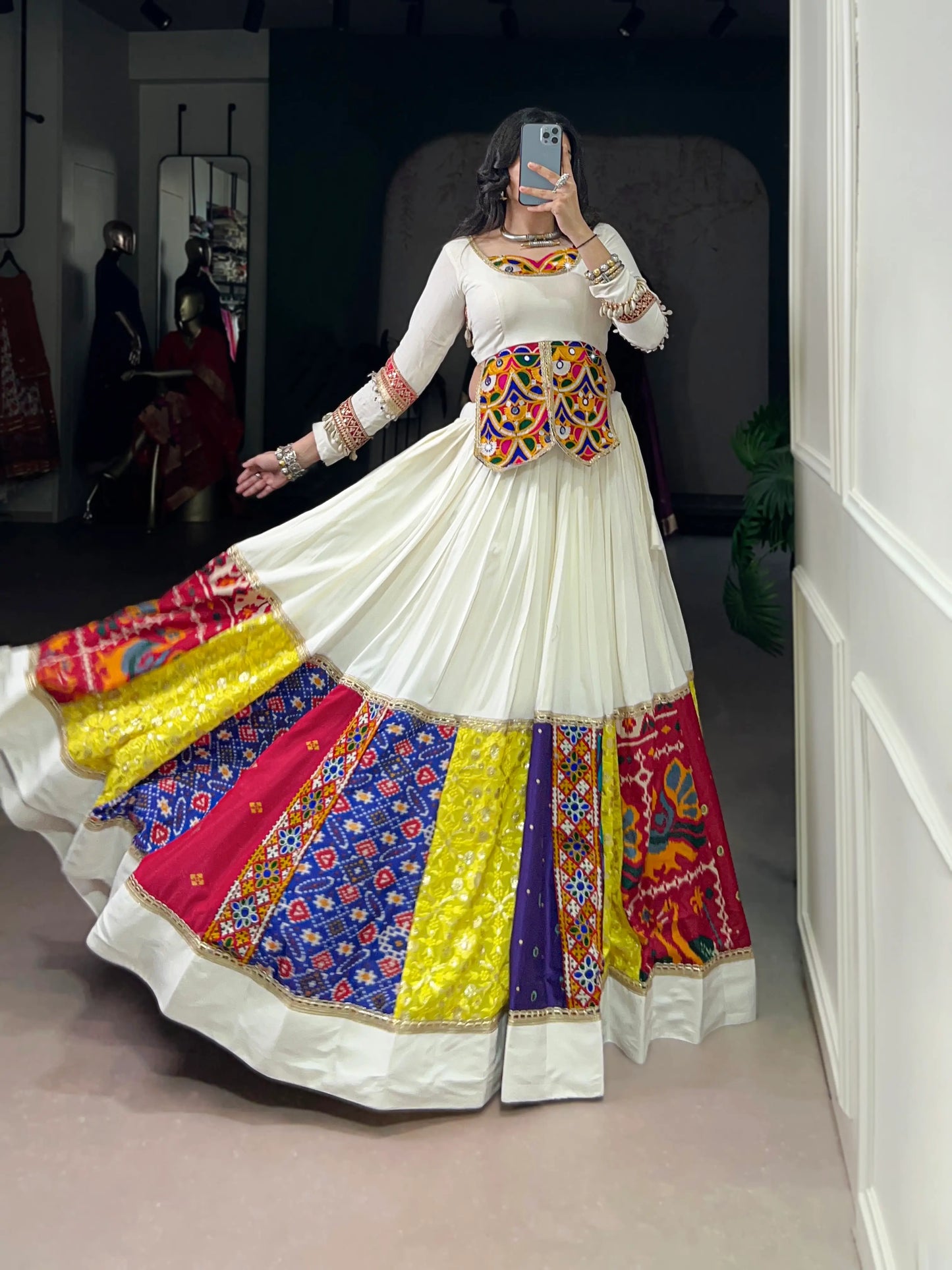 White Multicolor Rayon Gamthi Work Navratri Lehenga Choli