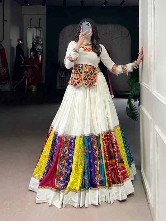 White Multicolor Rayon Gamthi Work Navratri Lehenga Choli