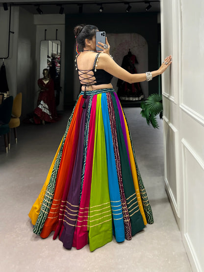 Multi Color Rayon Navratri Lehenga Choli With Print & Lace Touch Up