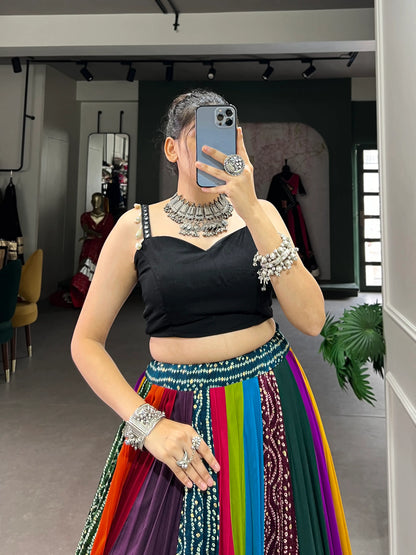 Multi Color Rayon Navratri Lehenga Choli With Print & Lace Touch Up