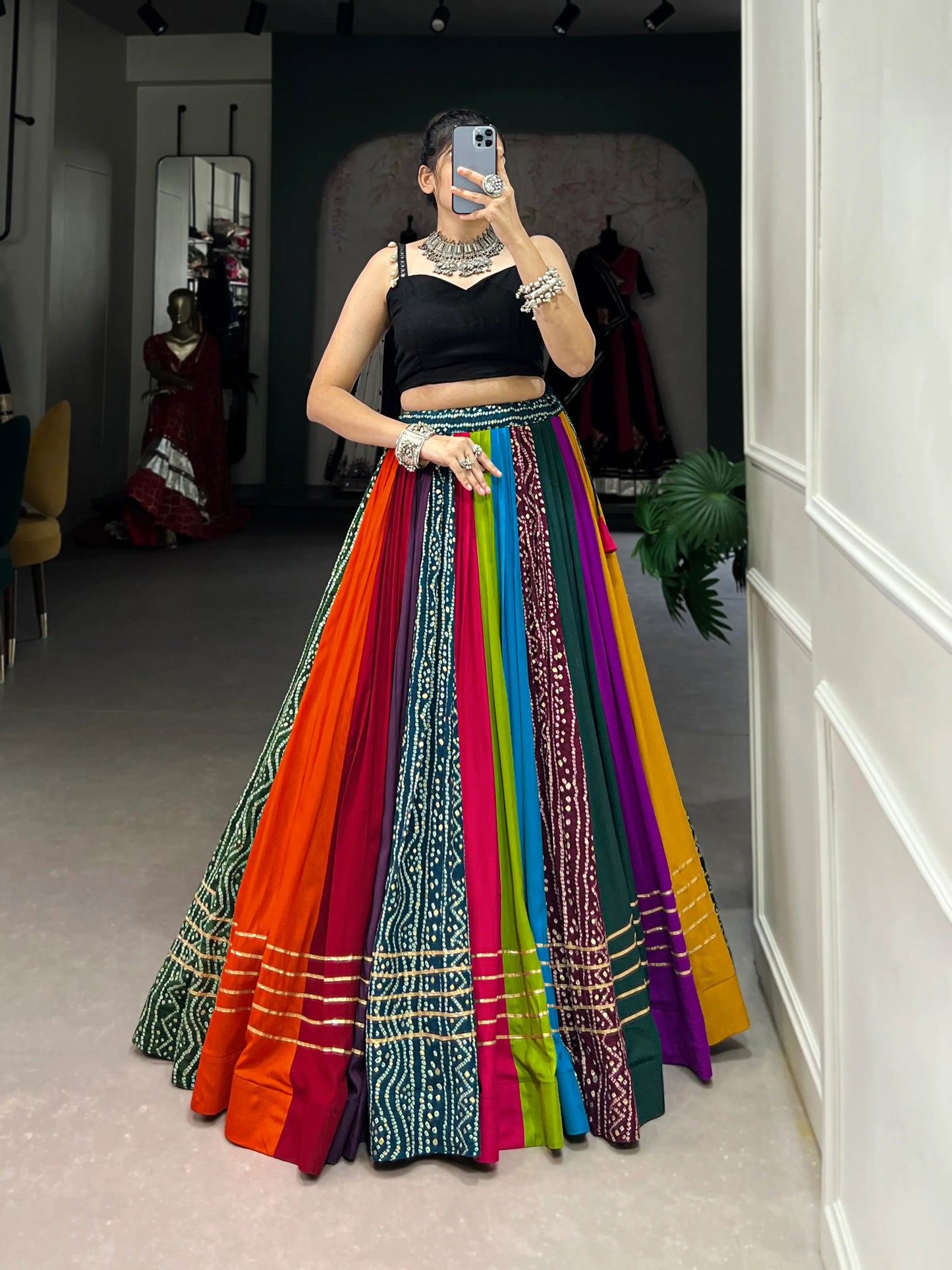 Multi Color Rayon Navratri Lehenga Choli With Print & Lace Touch Up
