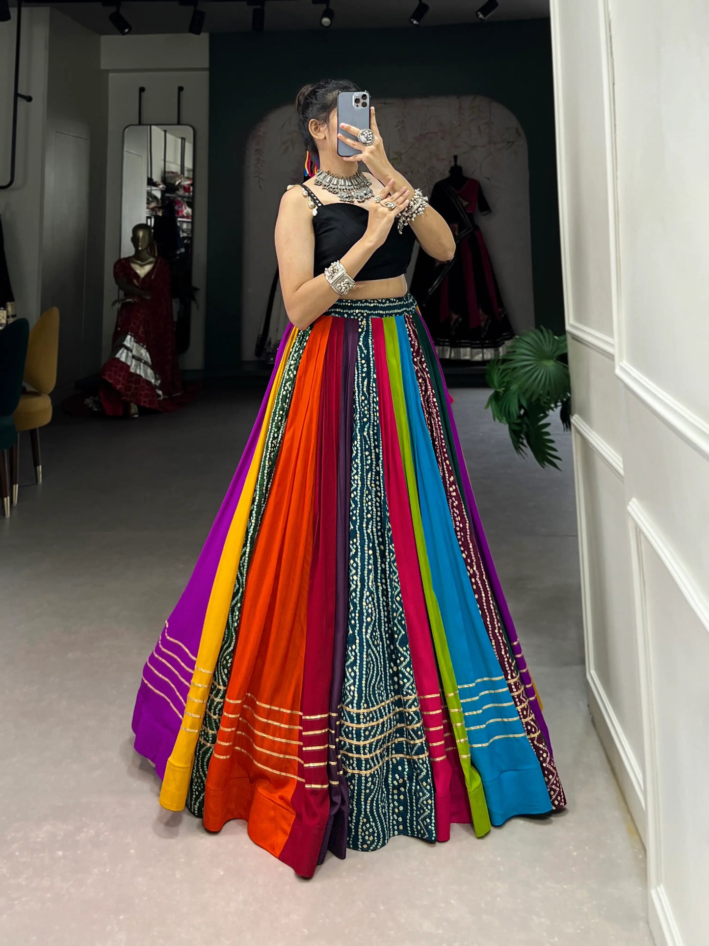 Multi Color Rayon Navratri Lehenga Choli With Print & Lace Touch Up