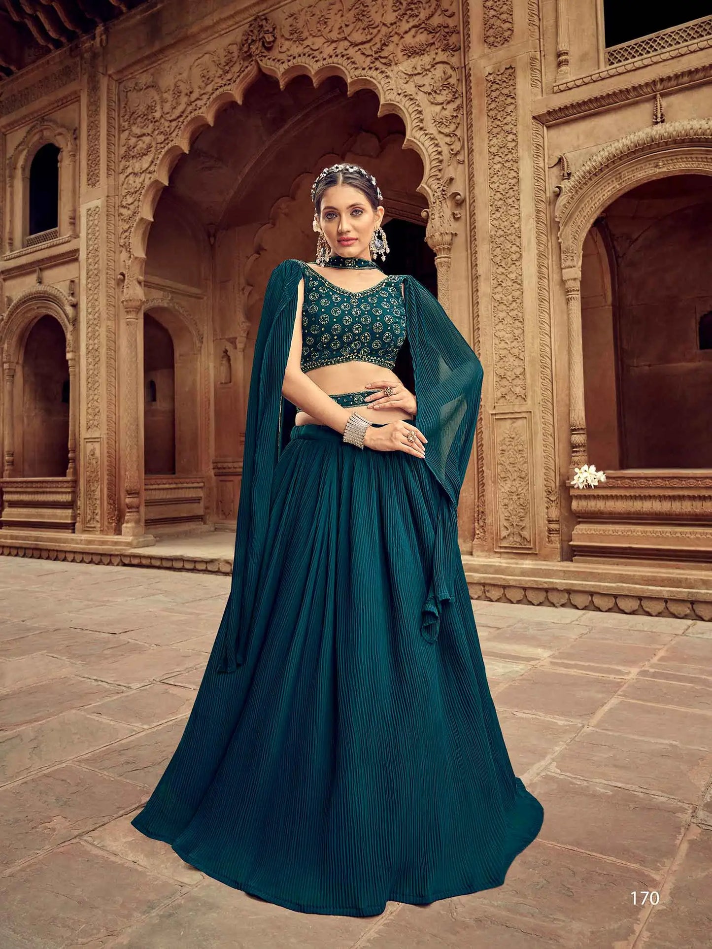 Teal Blue Hand Work Georgette Lehenga With Dupatta
