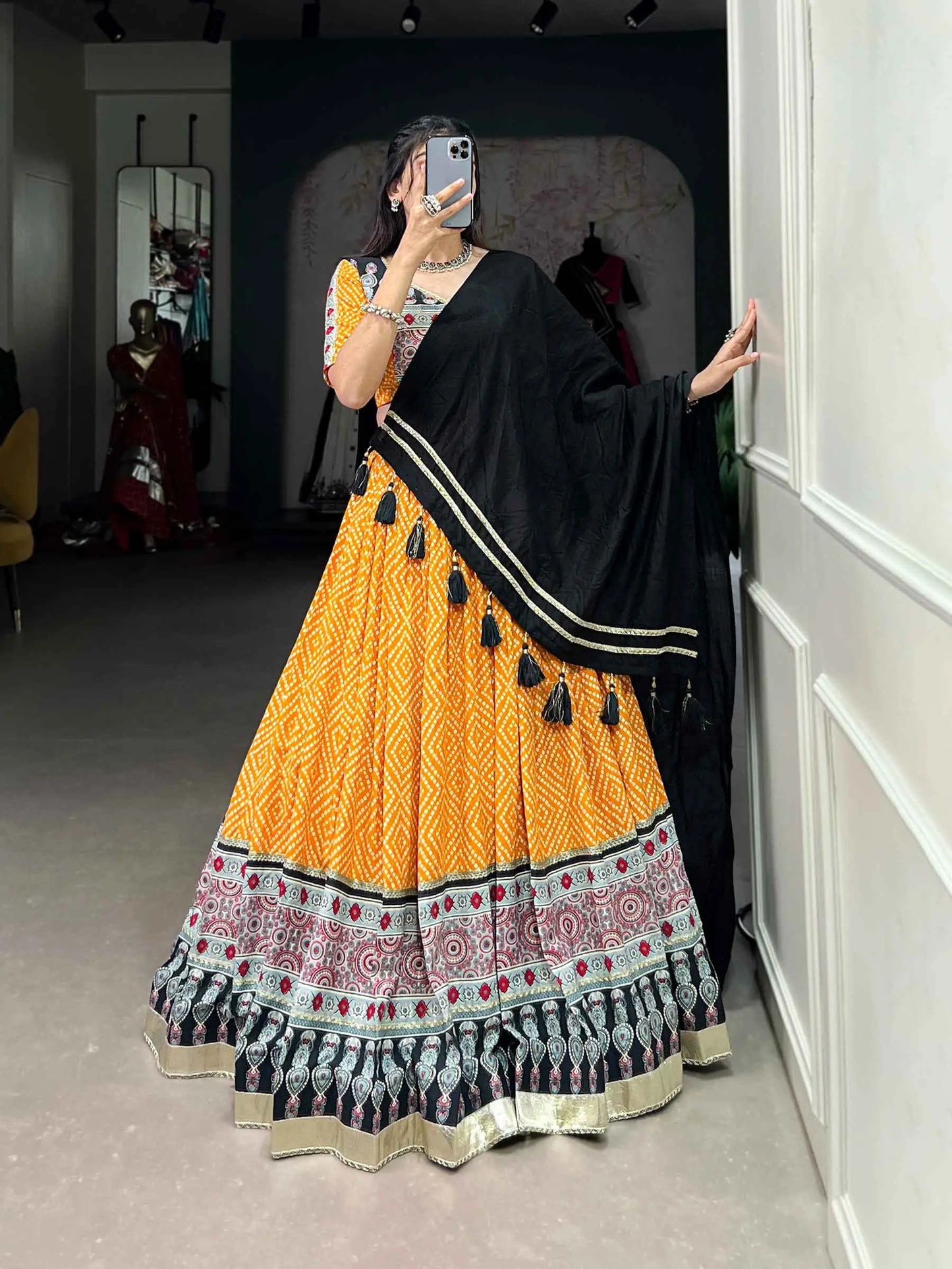 Yellow Banthej And Ajarakh Print Navratri Chaniya Choli