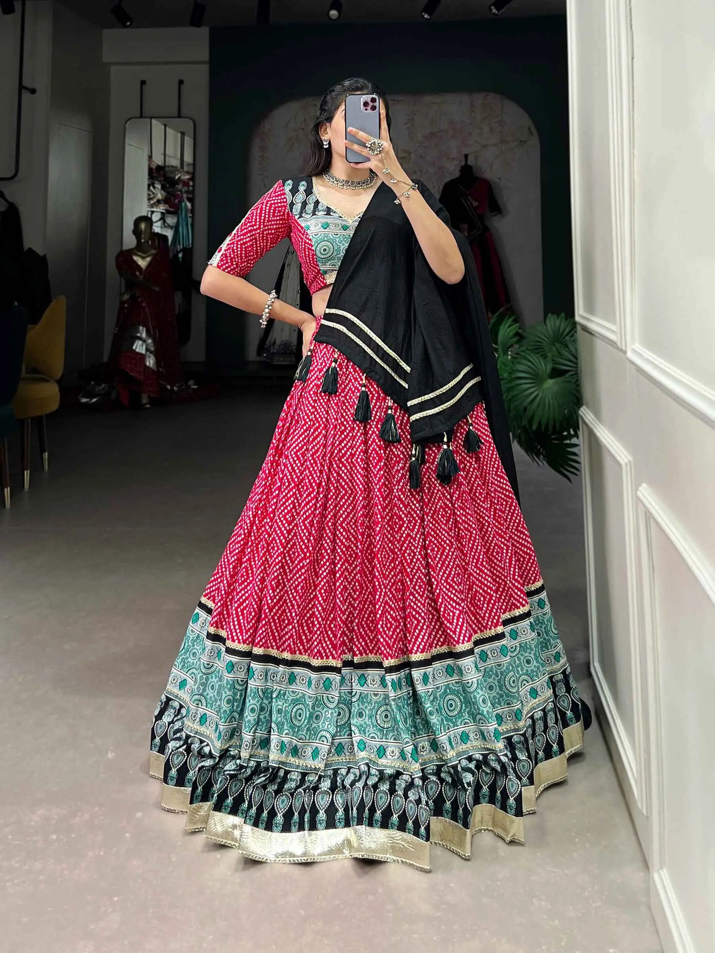 Red Banthej And Ajarakh Print Navratri Chaniya Choli