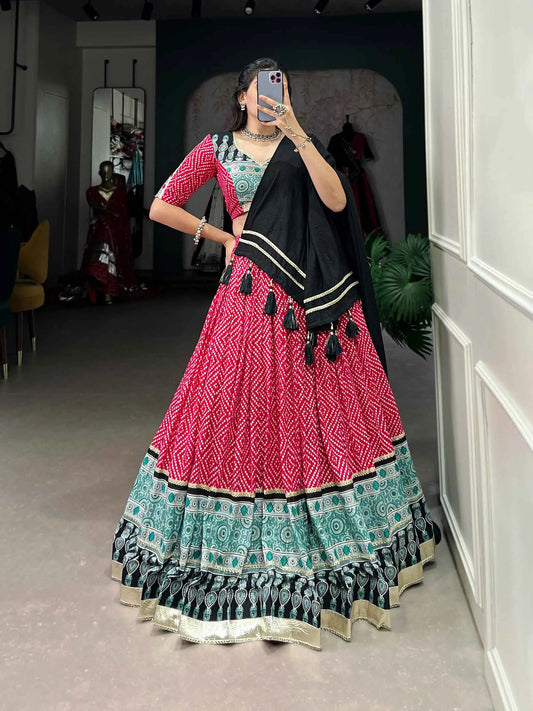 Red Banthej And Ajarakh Print Navratri Chaniya Choli