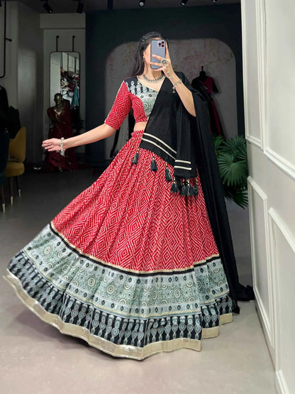 Red Banthej And Ajarakh Print Navratri Chaniya Choli