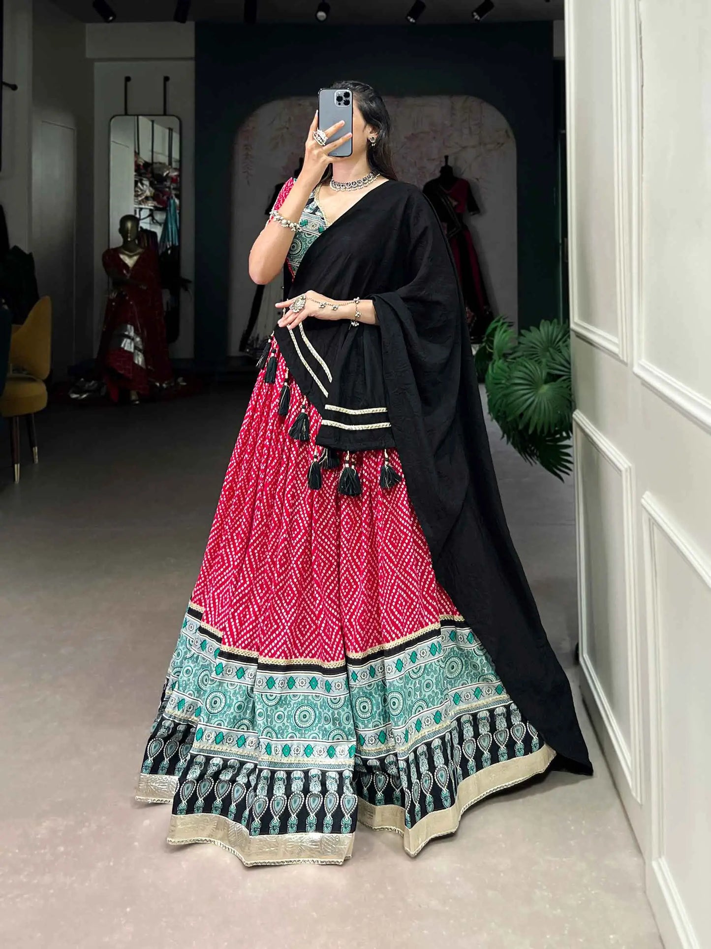 Red Banthej And Ajarakh Print Navratri Chaniya Choli