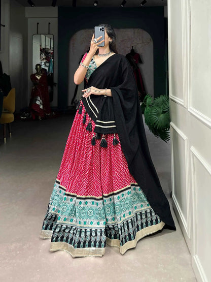 Red Banthej And Ajarakh Print Navratri Chaniya Choli