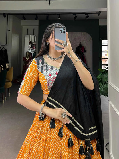 Yellow Banthej And Ajarakh Print Navratri Chaniya Choli