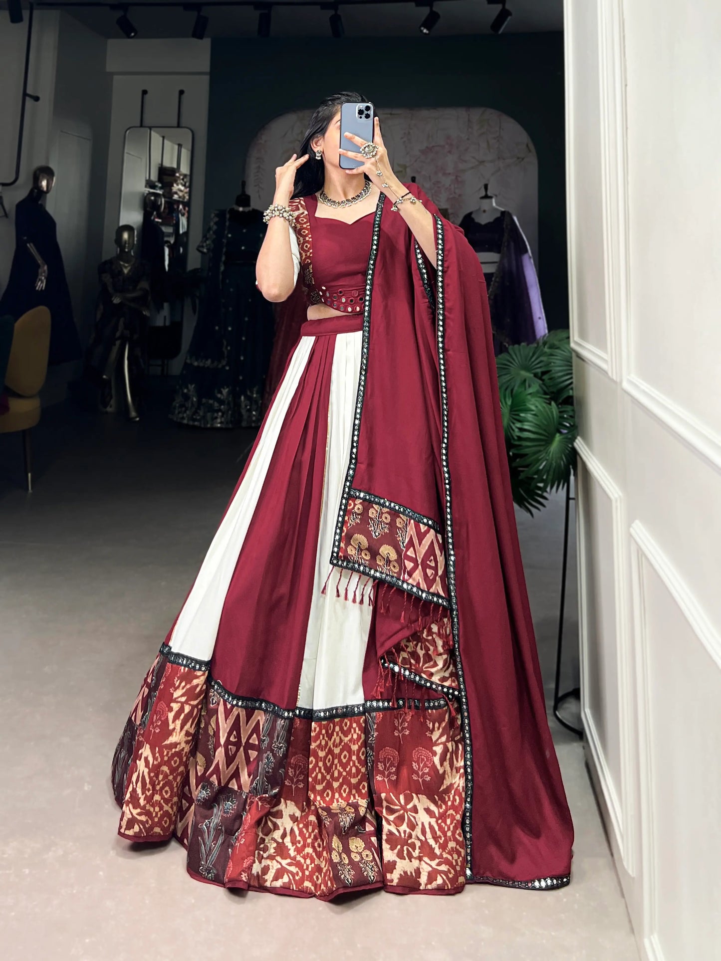 Maroon Rayon Navratri Lehenga Choli With Print & Mirror Work