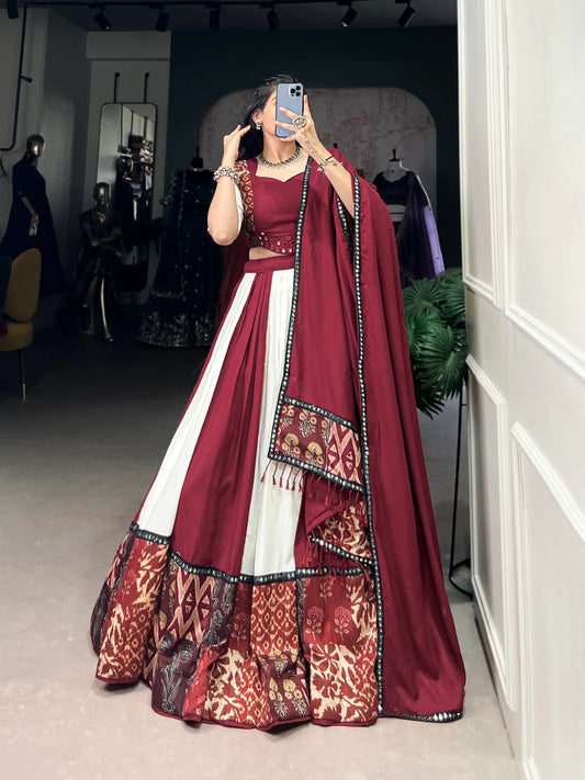 Maroon Rayon Navratri Lehenga Choli With Print & Mirror Work
