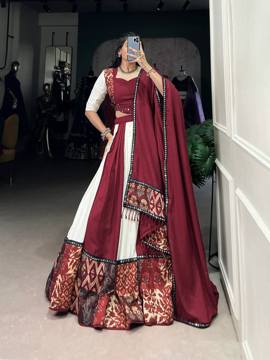 Maroon Rayon Navratri Lehenga Choli With Print & Mirror Work