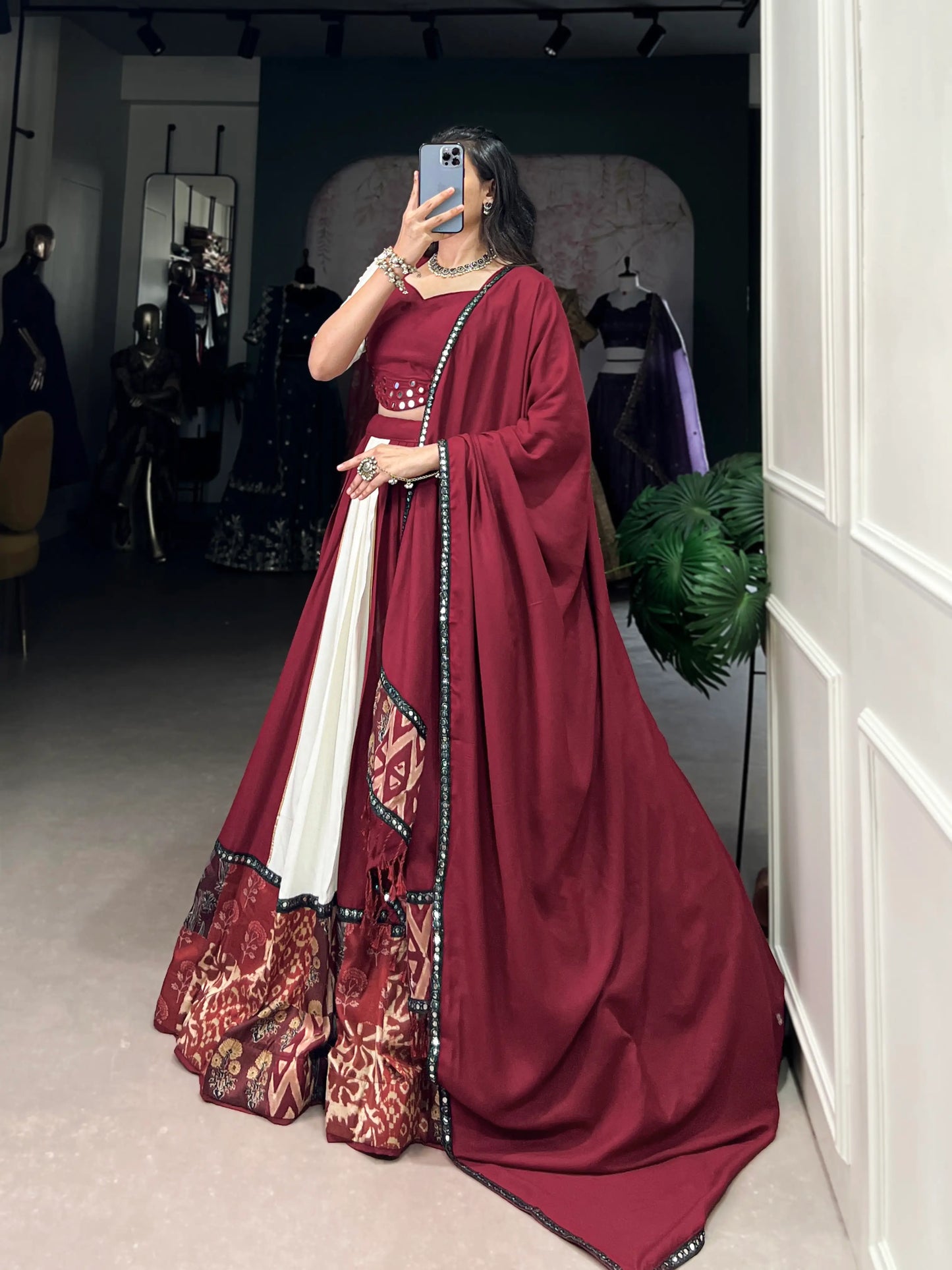 Maroon Rayon Navratri Lehenga Choli With Print & Mirror Work