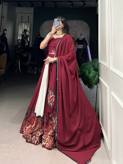 Maroon Rayon Navratri Lehenga Choli With Print & Mirror Work