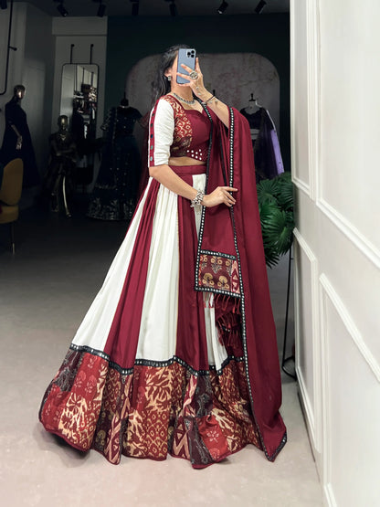Maroon Rayon Navratri Lehenga Choli With Print & Mirror Work