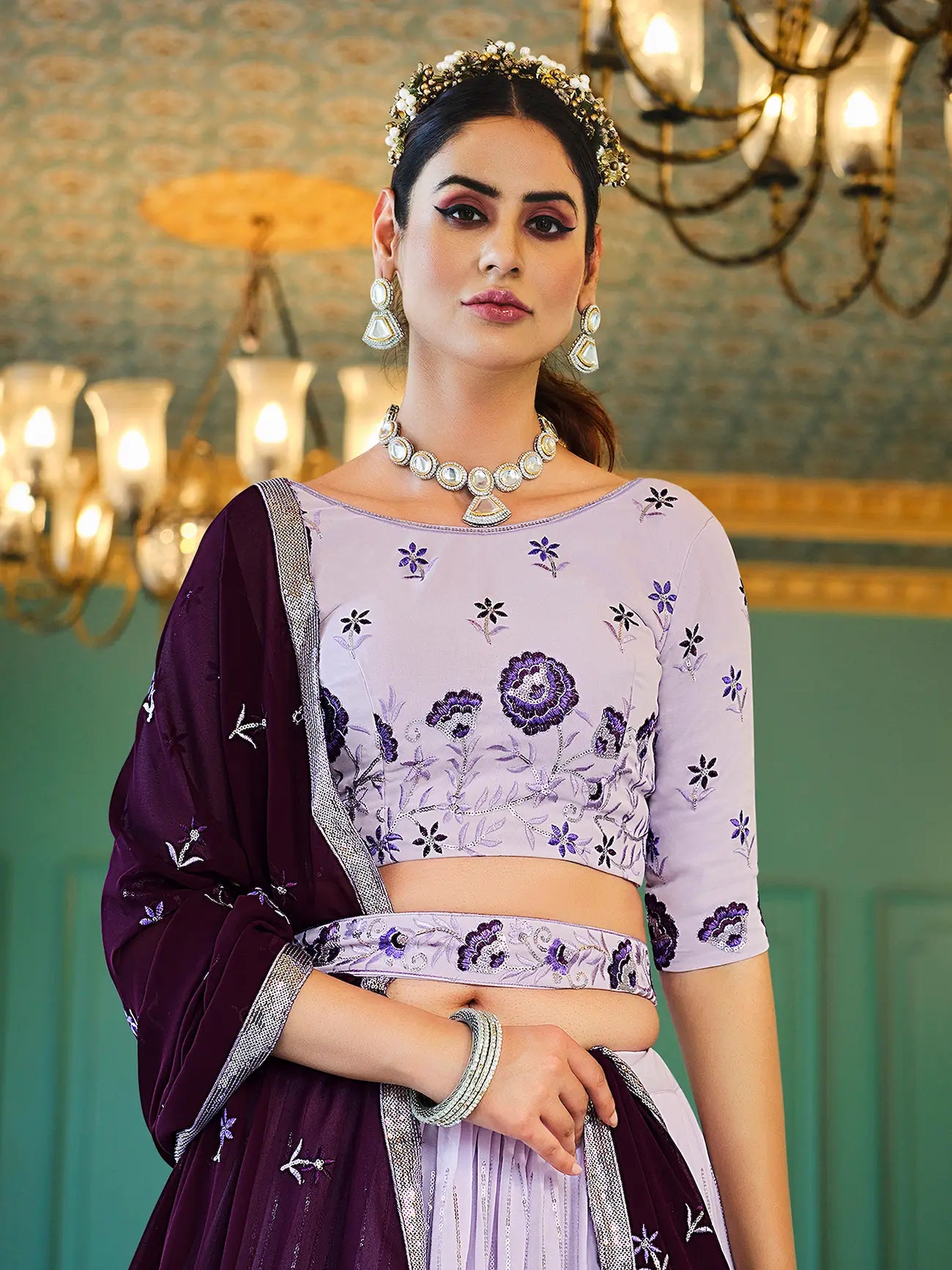 Lavender Georgette Thread & Sequence Embroidery Work Lehenga Choli