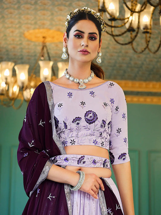 Lavender Georgette Thread & Sequence Embroidery Work Lehenga Choli