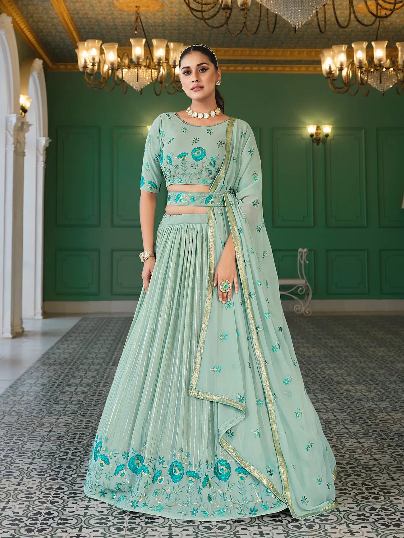 Light Green Georgette Thread with Sequence Embroidery Work Lehenga Choli