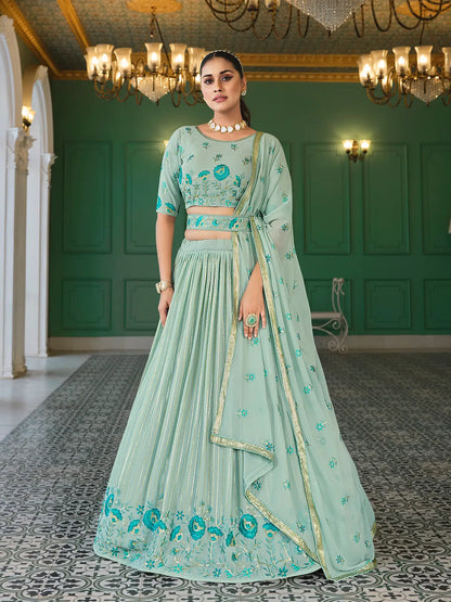 Light Green Georgette Thread with Sequence Embroidery Work Lehenga Choli