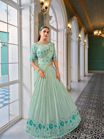 Light Green Georgette Thread with Sequence Embroidery Work Lehenga Choli