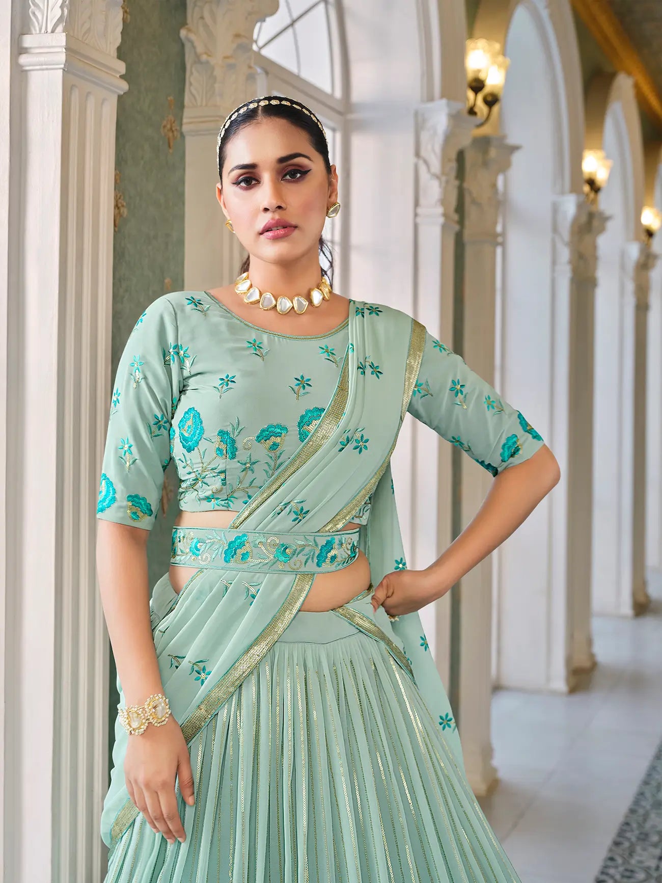 Light Green Georgette Thread with Sequence Embroidery Work Lehenga Choli