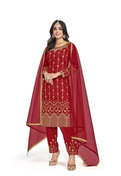 Red Bitalian Soft Silk Embroidery & Mirror Work Salwar Suit
